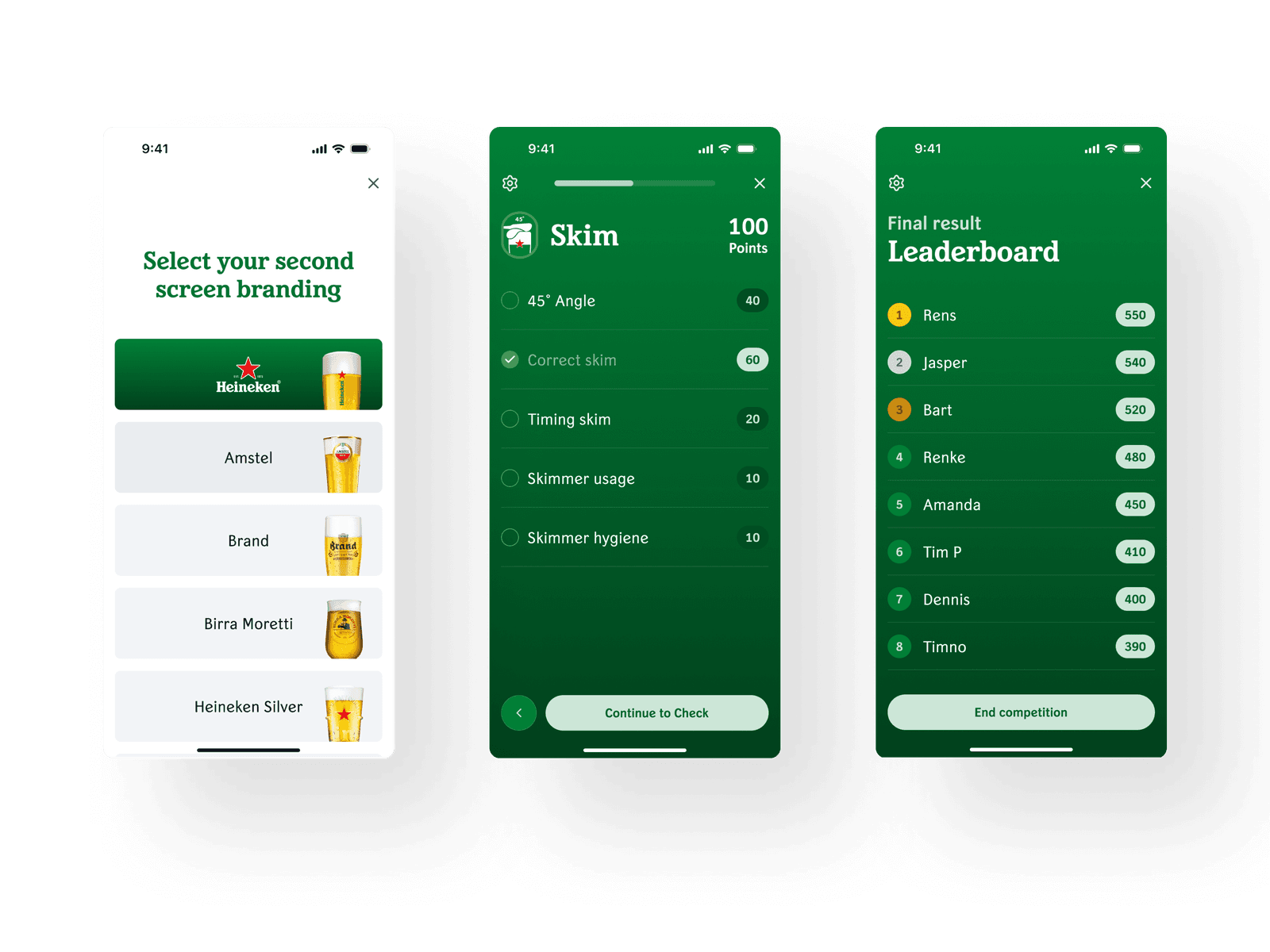 The trainer's scoring app across three phone screens: picking the second-screen branding, scoring a pour step by step, and the live leaderboard.