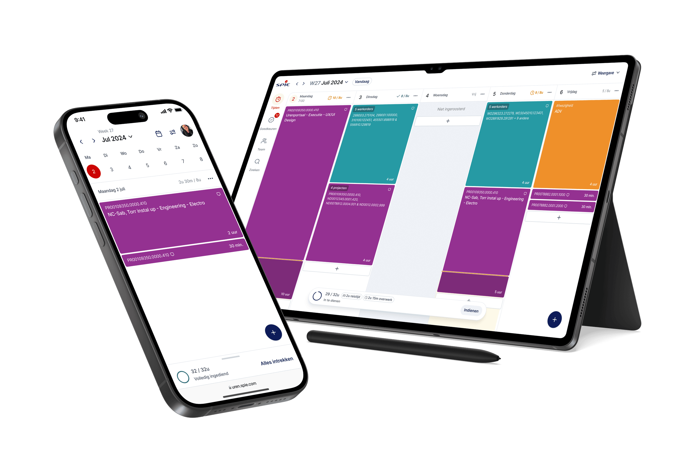De START tijdregistratie-app op een telefoon en een tablet, met een week aan geboekte uren in de kalenderweergave.