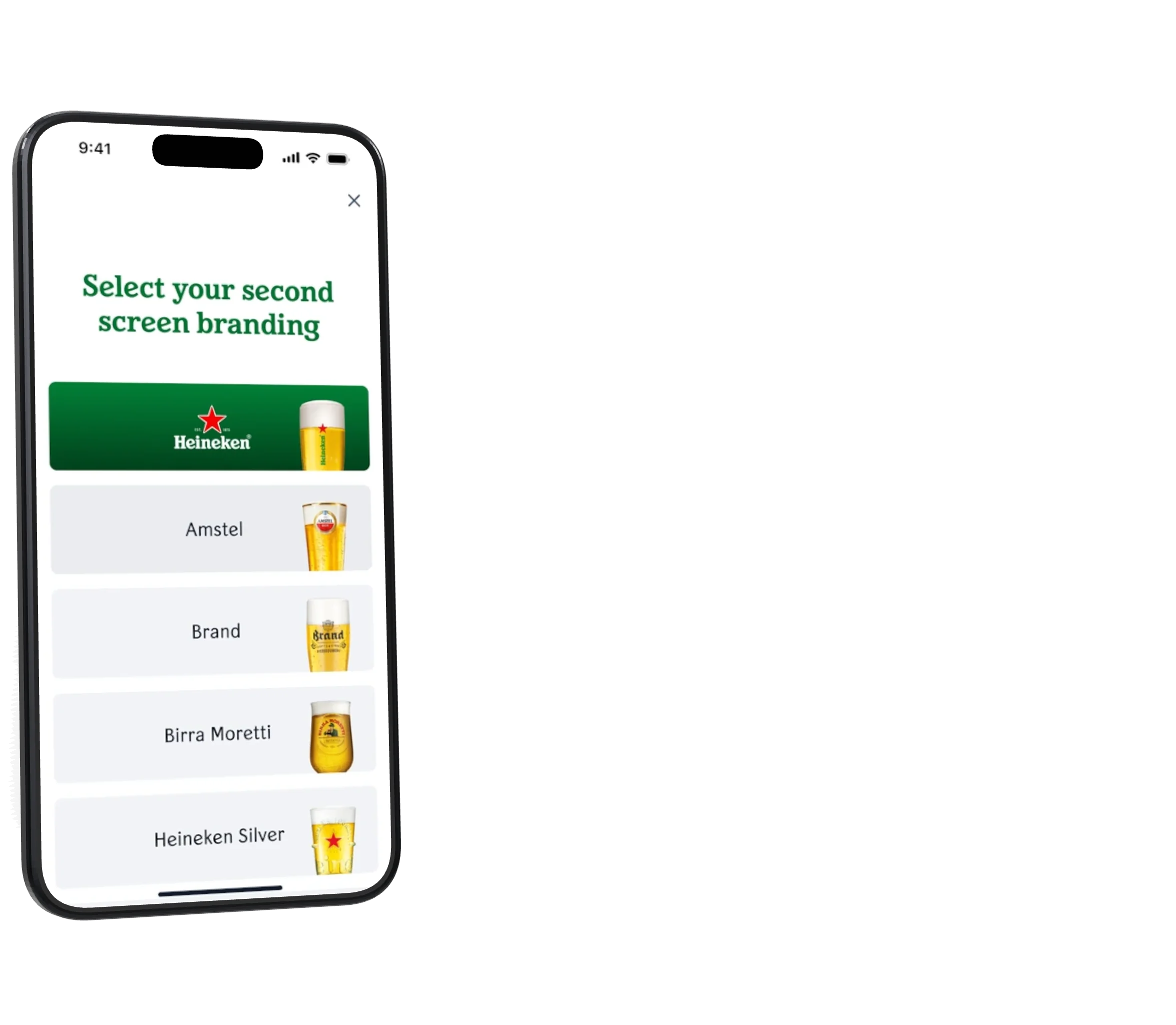 Three phones with Heineken's Star Quality app: choosing the second screen's branding, the skim step being scored and the final leaderboard