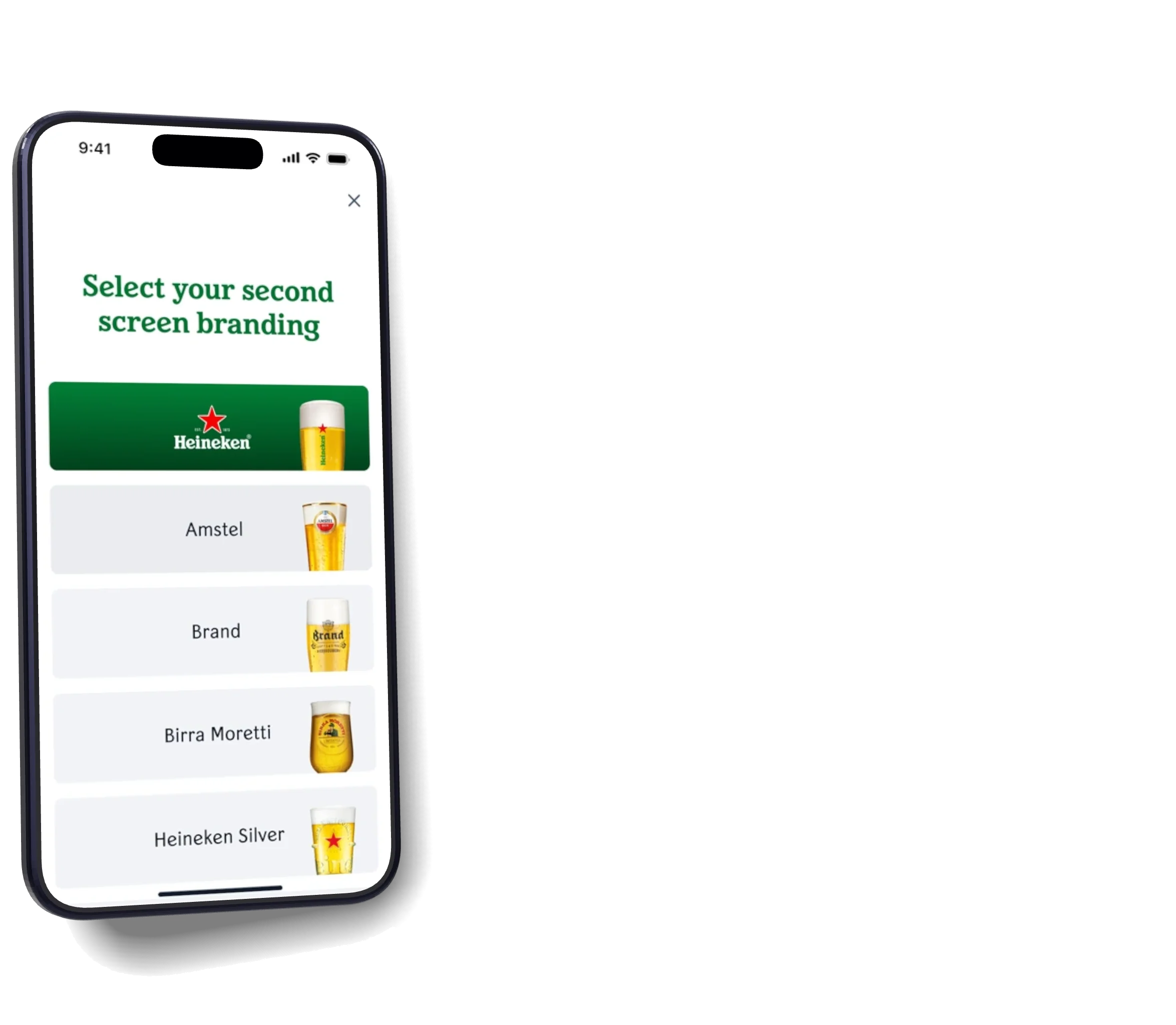 Three phones with Heineken's Star Quality app: choosing the second screen's branding, the skim step being scored and the final leaderboard