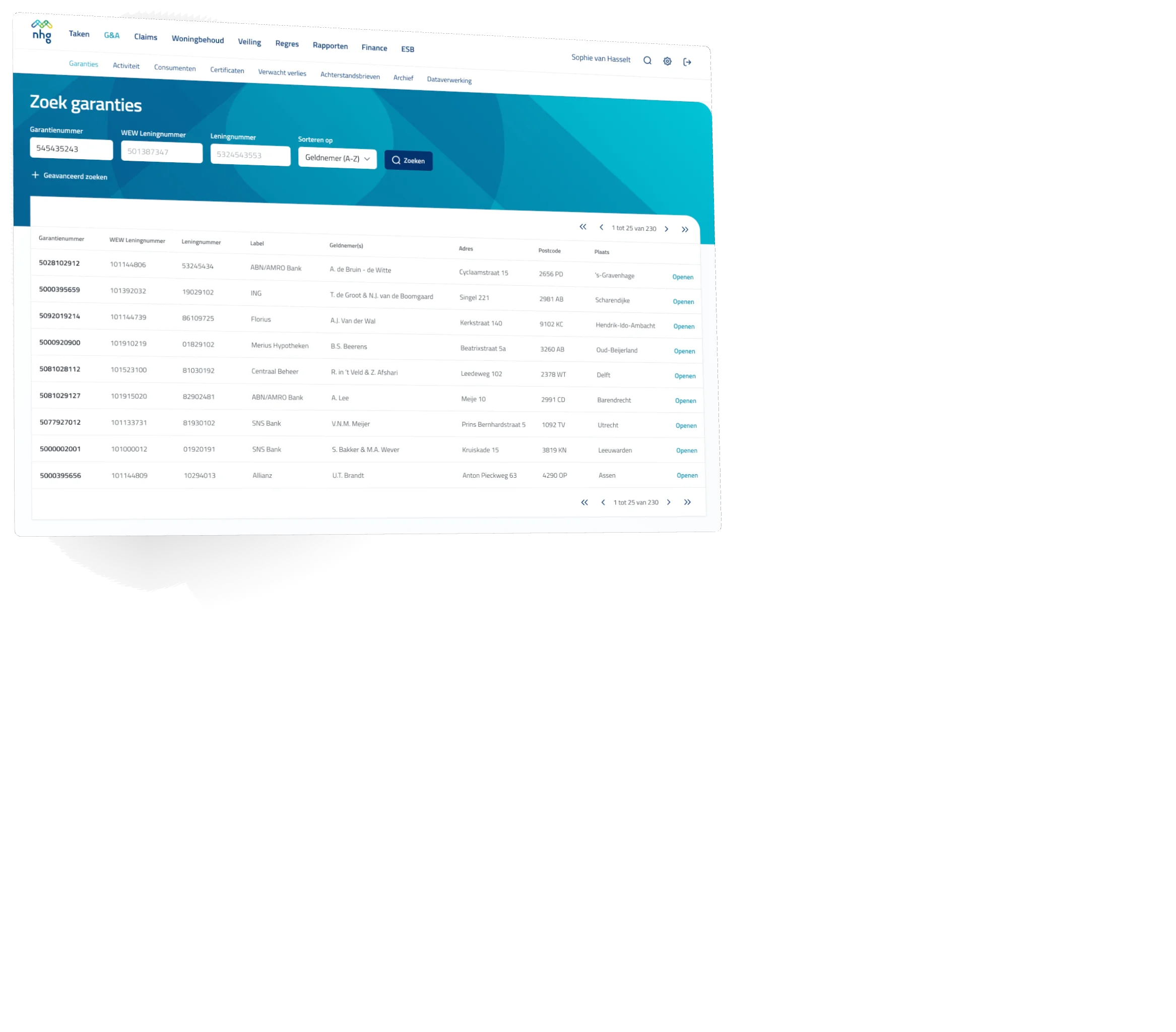 Three screens of NHG's back-office application: searching guarantees, assessing a loss declaration step by step and a guarantee's documents